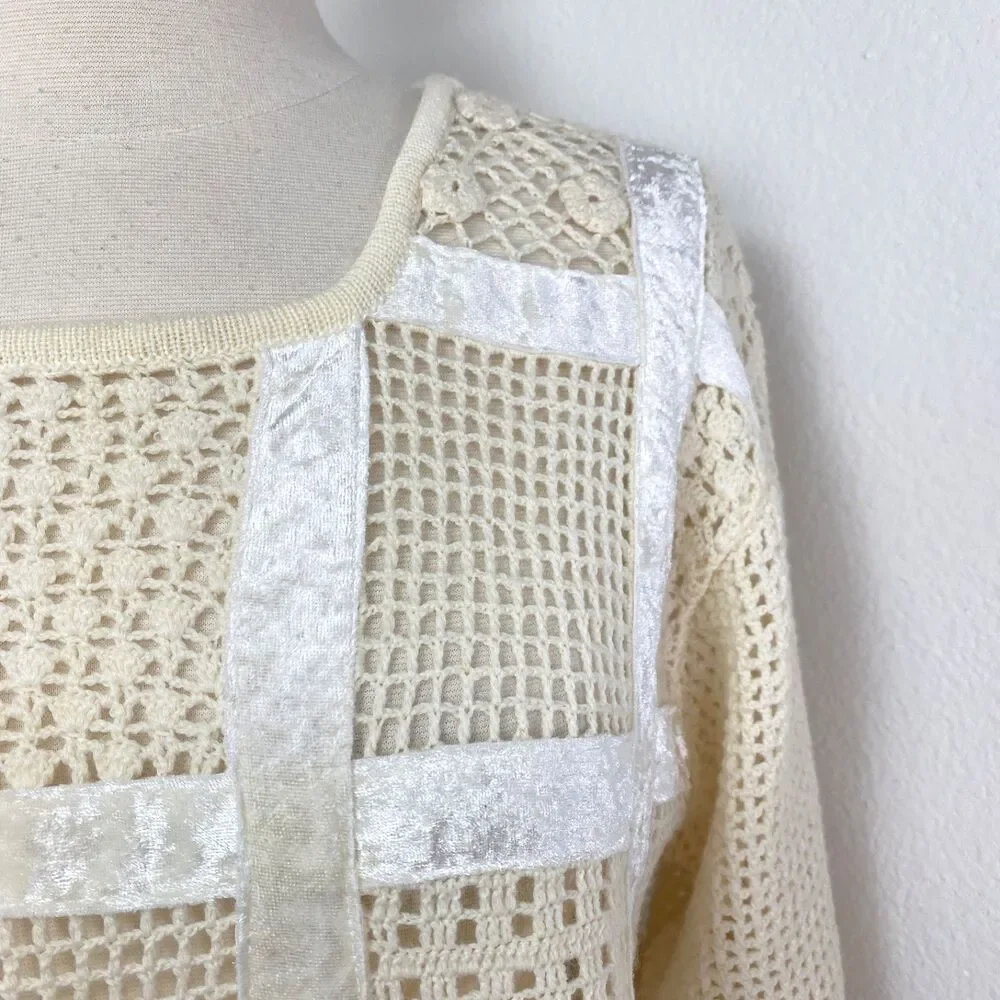 Otto Ivory Crochet Velvet Patchwork Top Large Long Sleeves Romantic Boho Whimsy